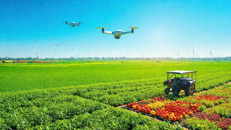 Granja futurista con drones y energías renovables