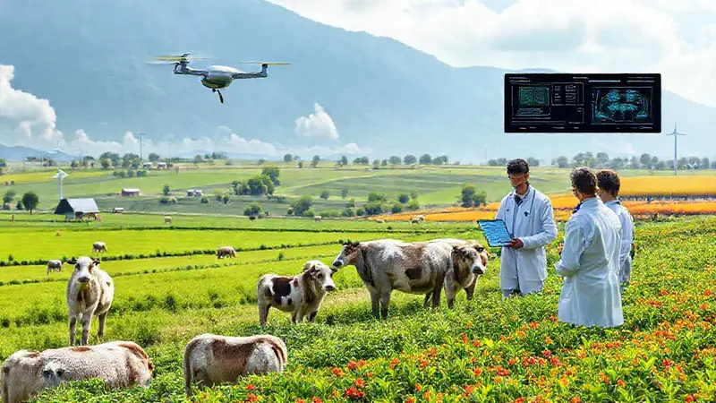 Granja futurista con tecnología avanzada y sostenibilidad
