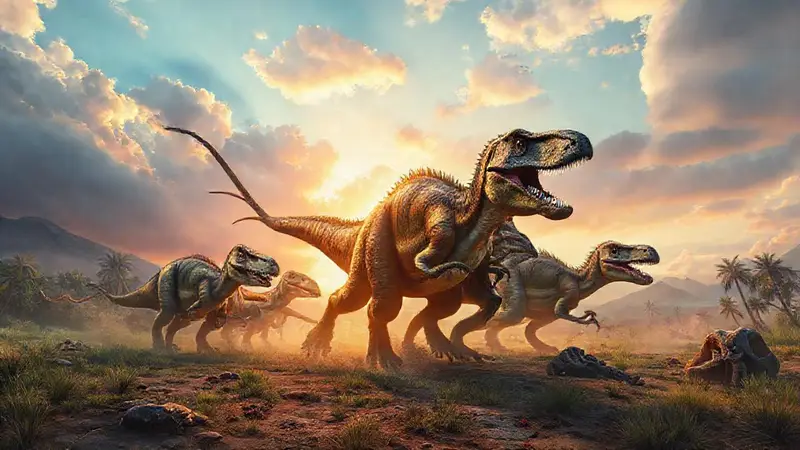 Terapodos cazando en un paisaje prehistórico