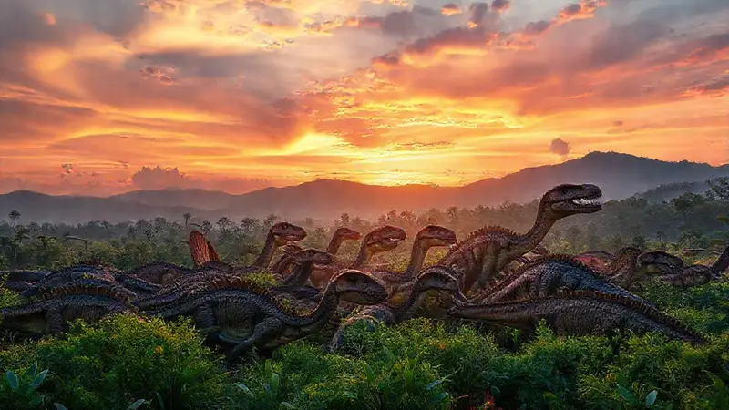 Un grupo de dinosaurios en un paisaje prehistórico