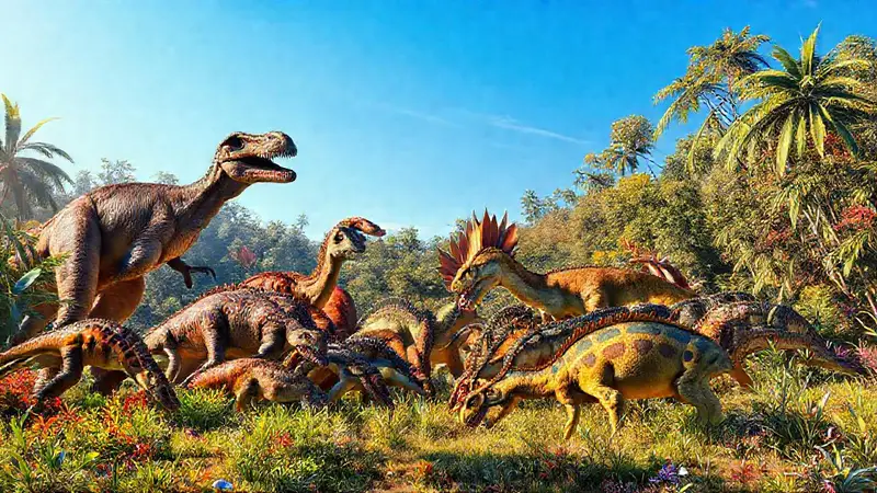 Diversos dinosaurios convivien en un paisaje prehistórico