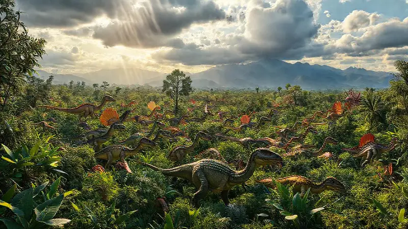 Rebaño de dinosaurios migrando en paisaje verde