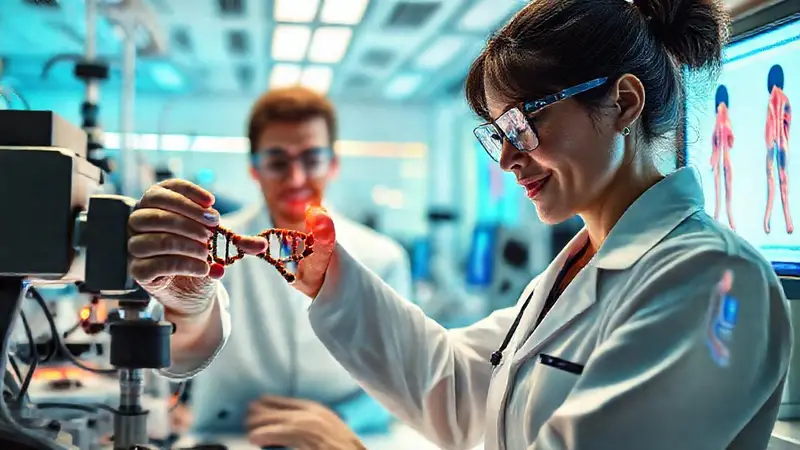 Laboratorio futurista con investigación médica colaborativa