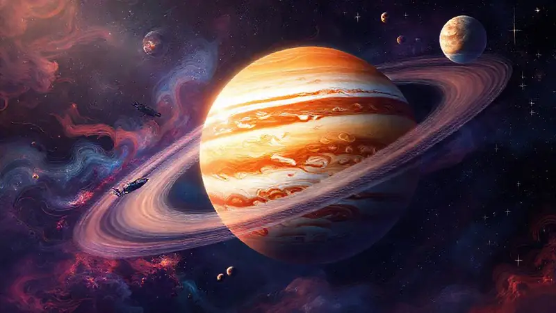 Ilustración vibrante de Júpiter y sus lunas