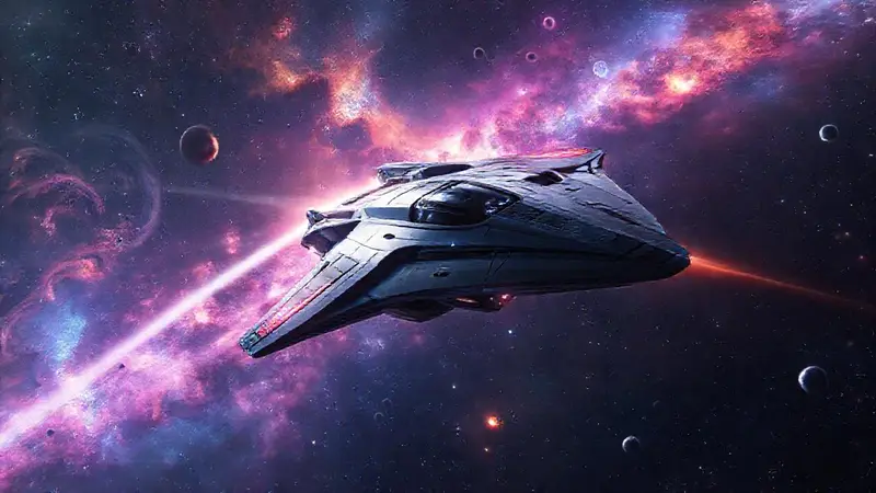 Nave espacial futurista surcando vastos espacios